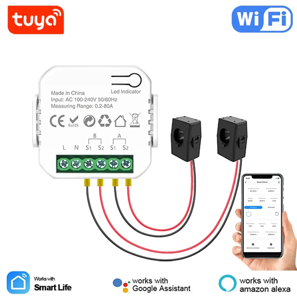 Tuya Smart Life WiFi Energy Meter 80A Bidirectional 2 Channel with Clamp App Monitor Solar Export and Import Power AC110V/240V