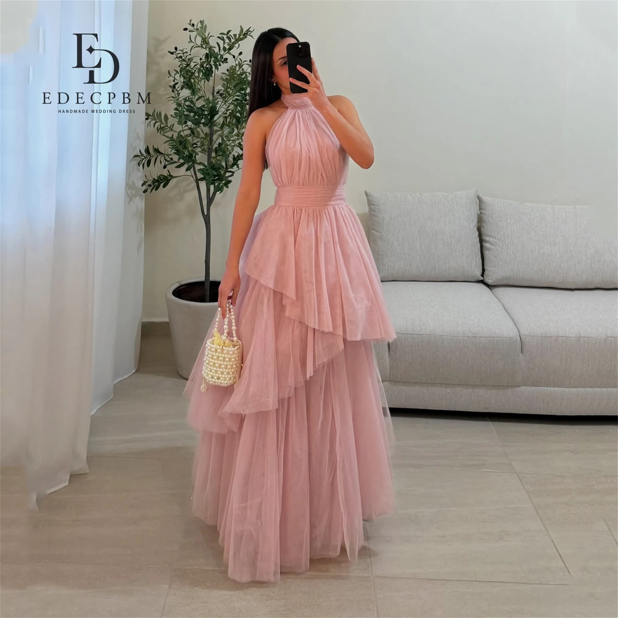 EDECPBM Neck Halter Dresses Gala Elegant Party Dresses 2025 Pink Customized Multi-layer Women Evening Dress Woman Prom Wedding