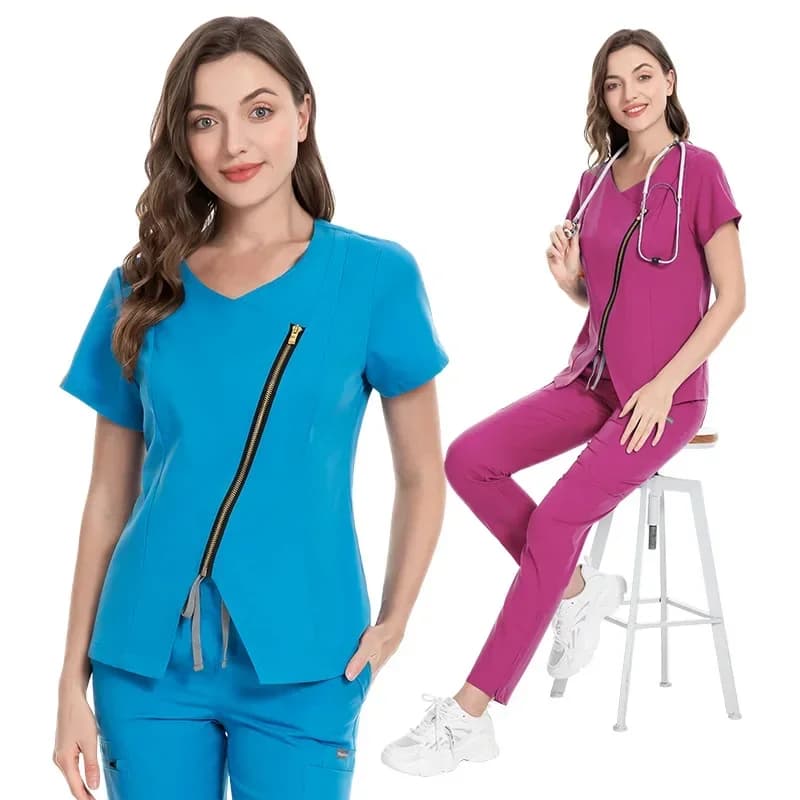 Customizable LOGO Women Medical Nurse Workwear Scrub Uniform Operating Room Fashion Groomers  Veterinary Zipper Healthcare Sets