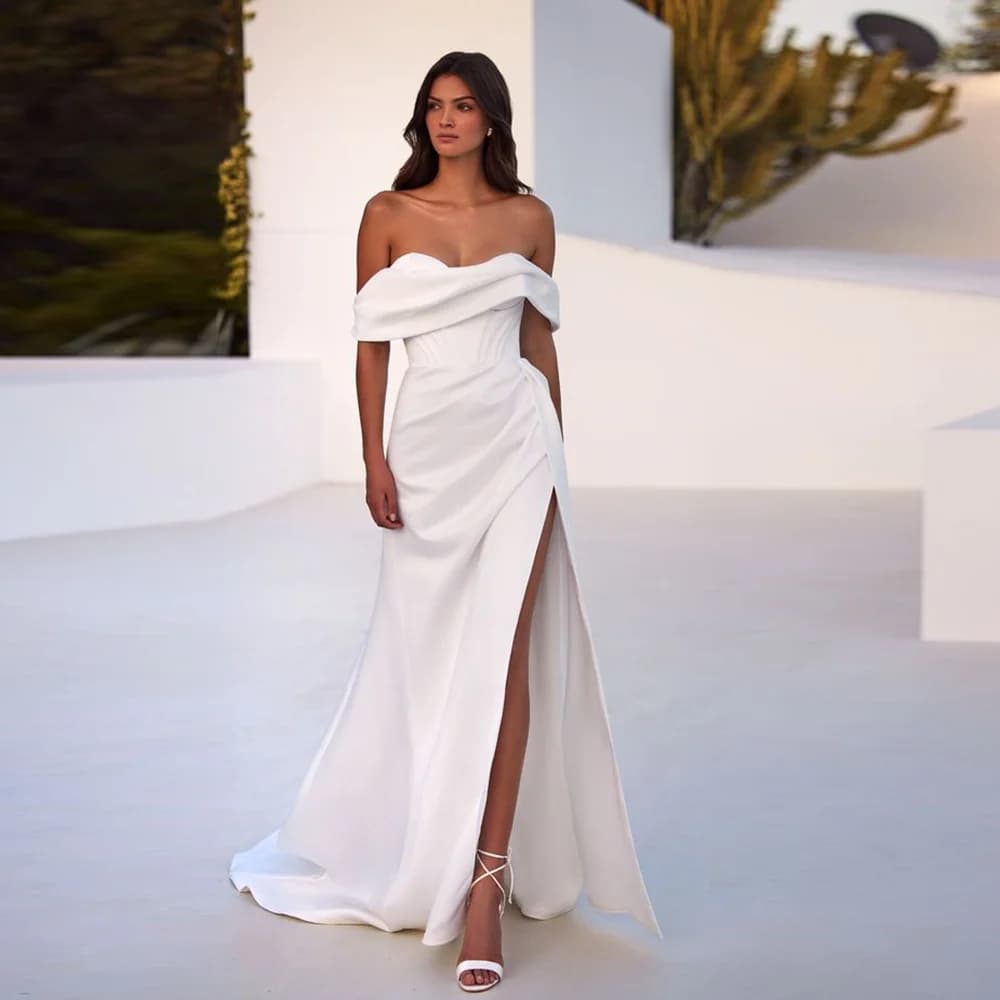 Off-Shoulder Satin Pleated Sheath Wedding Dress Backless and Lace up Wedding Gown Court with Side Split vestido novias boda