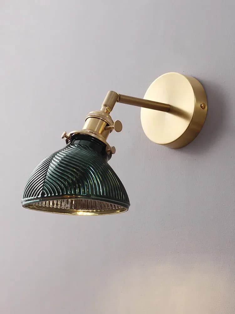 Retro dark green leaf pattern emerald brass glass bedroom study living room bedside Nordic mirror front wall lamp