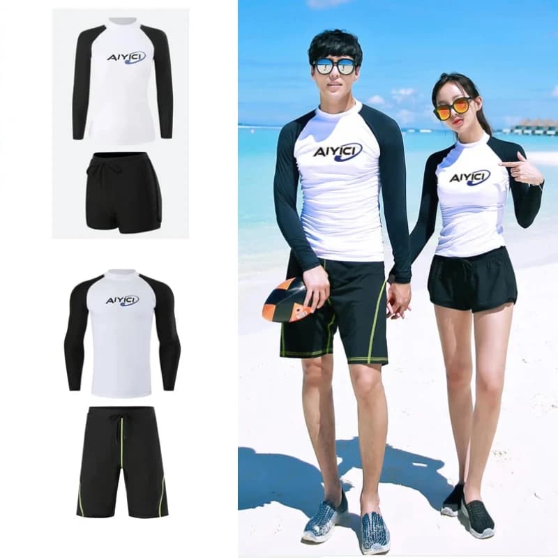 Men Women Rash Guards 2 Pieces Long Sleeve Shirt Shorts White Black Couples Swimwear Surfing Bathing Suits Rashguard Wetsuits