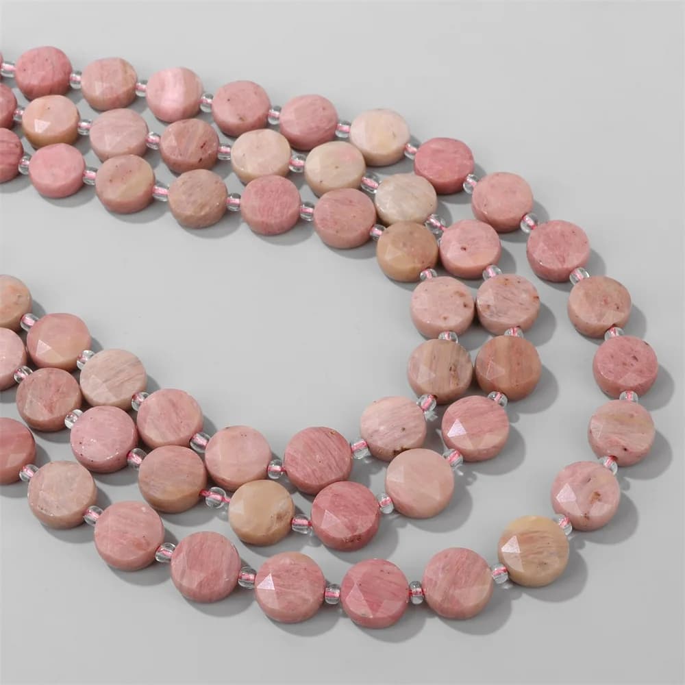Natural Faceted Flat Round Stone Bead Pink Rhdochrosite Loose Spacer Coin Shape Beads For Fashion Jewelry Making DIY Accessories
