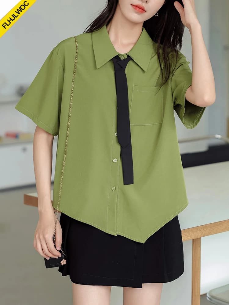 Loose Clothes Bow Tie Tops Blouses New Hot Women Fashion Office Lady High Street Solid Button Boyfriend Design Green Shirts