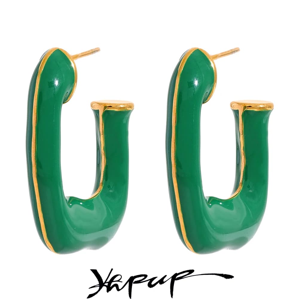 Yhpup Green Enamel Stainless Steel Square Geometric Huggie Earrings for Women Chic Stylish Jewelry Orecchini Da Donna Gift New