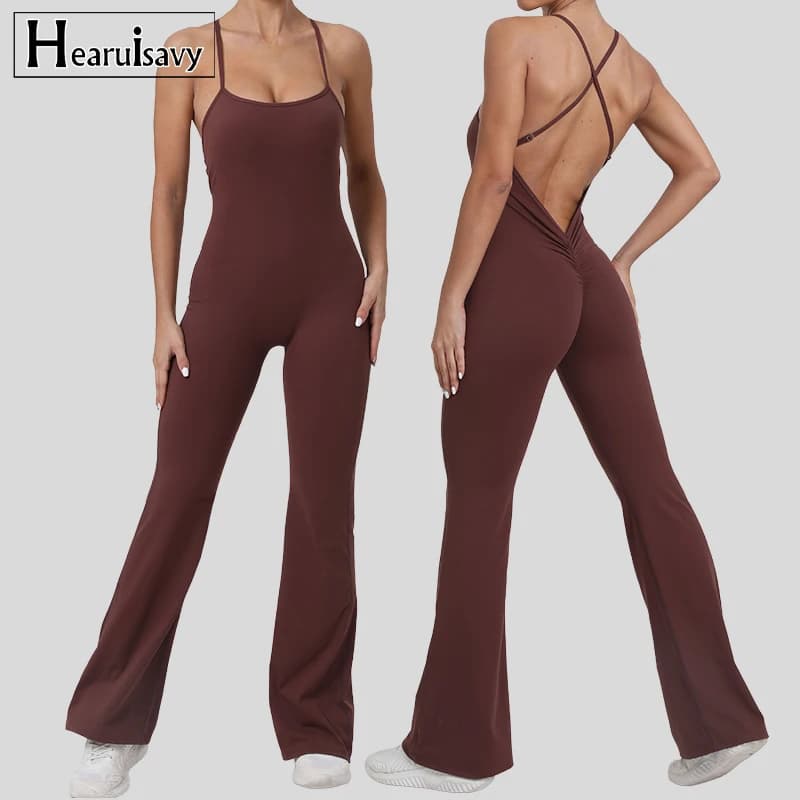 Hearuisavy Back V Bodysuits Sports Jumpsuit Women Gym Rompers Yoga Suit Flared Boilersuit Scrunch Workout One-Piece Suit Women