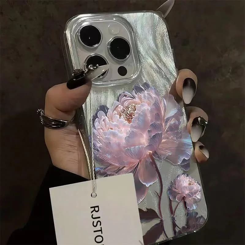 Pink Peony Lotus Print Phone Case for IPhone 16 15 14 13 12 11 Pro Max 15 Pro XS XR 7 8 Plus 16e Shockproof Silver Plated Cover