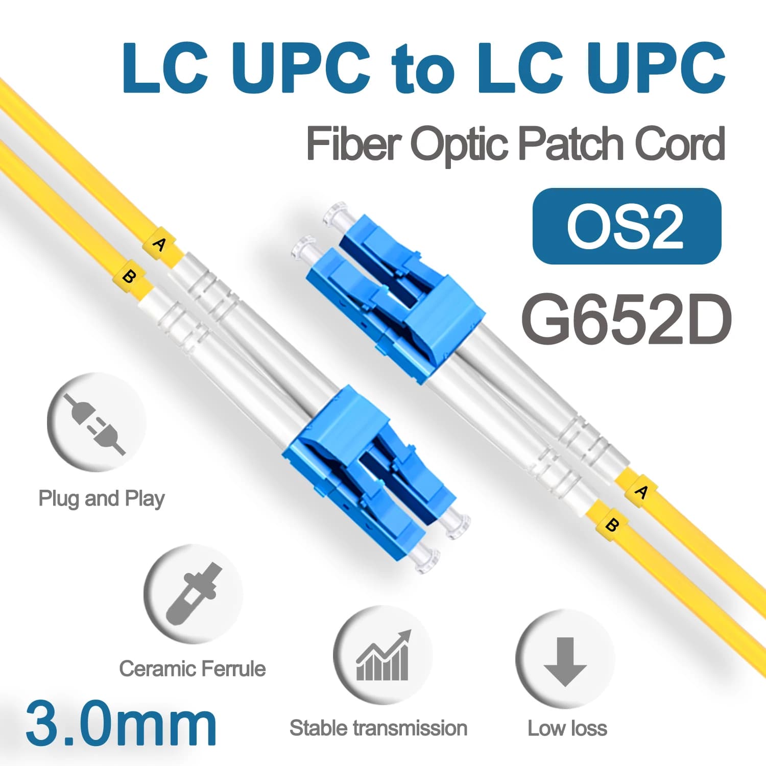 LC UPC Fiber Optical Patch Jumper Cable 3.0mm OS2 Cord Singlemode Duplex 1m 3m 5m PVC G652D SM 1310/1550nm FTTH