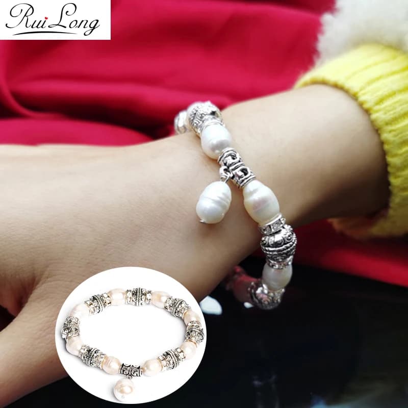 Natural Round Freshwater Pearls Beads Bracelet Alloy Charms Spacers Beads Strand Bracelets for Women