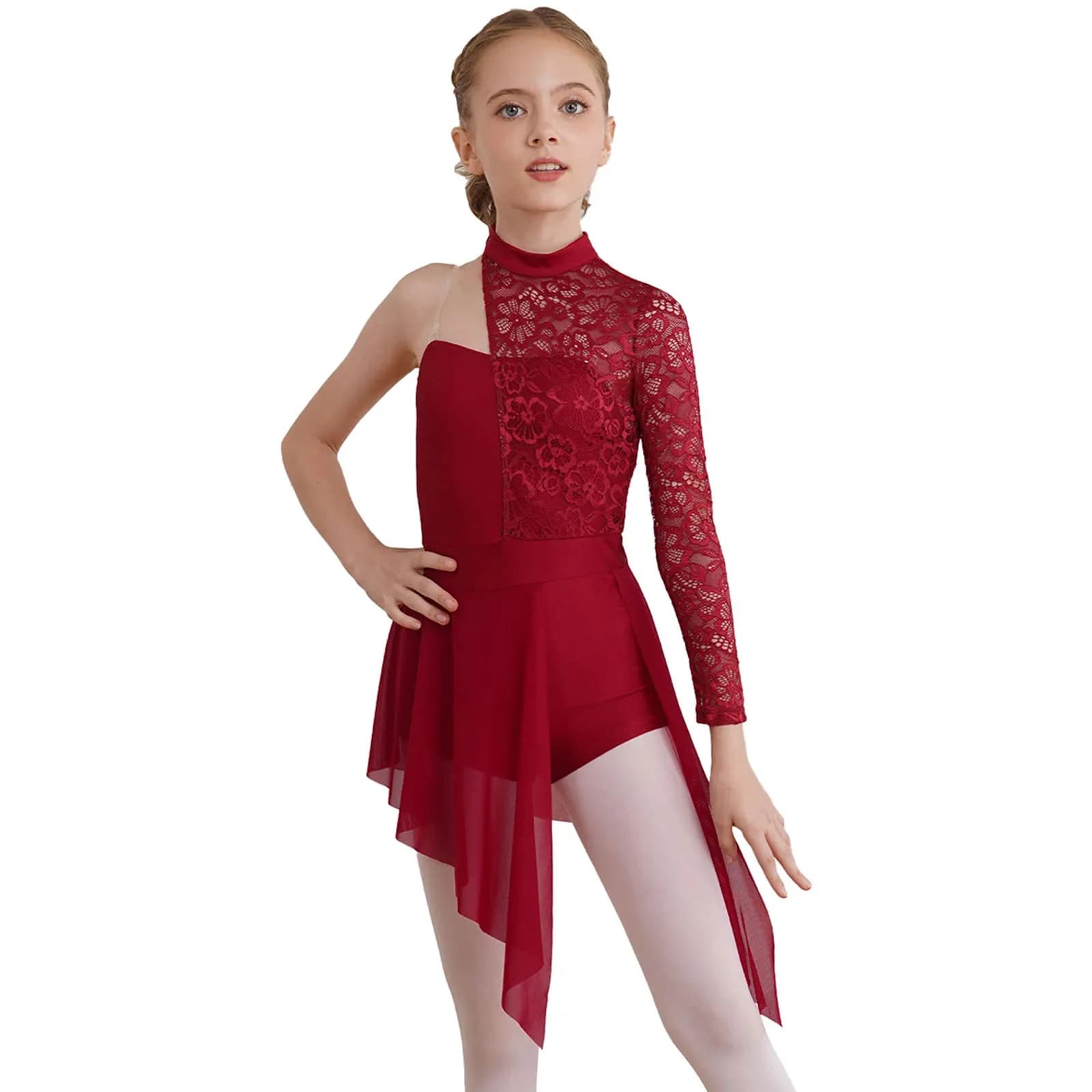 Kids Girl Lyrical Dance Dress One Shoulder Asymmetrical Floral Lace Ballet Figure Skating Gymnastics Leotard Performance Costume