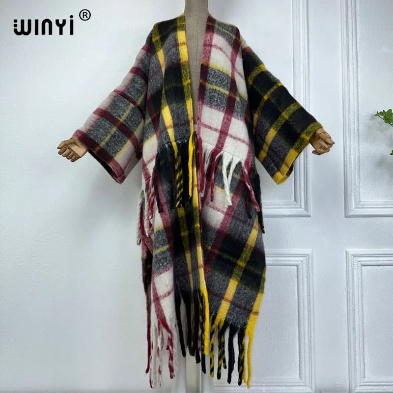 WINYI Plaid print Winter Women tassel Everyday personality Cardigan coat Loose dress robe longue Thick Warm Middle East Kaftan