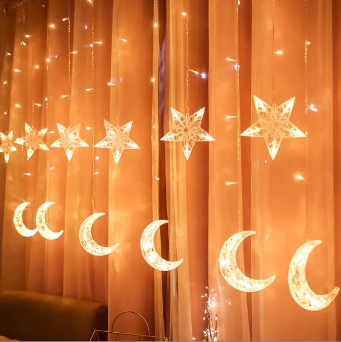 Outdoor Garland Wall Window Crystal Star Moon Fairy Wedding Room Party String Lights Ramadan Decorative Led Curtain Lights