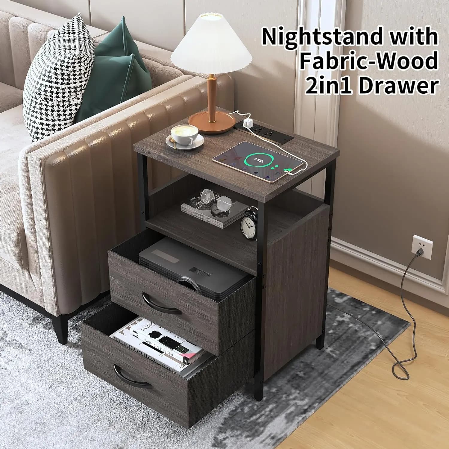 Nightstand with Charging Station, End Table Fabric-Wood 2-in-1 Drawer, Side for Small Spaces, Grey Bedside Tables USB Ports and