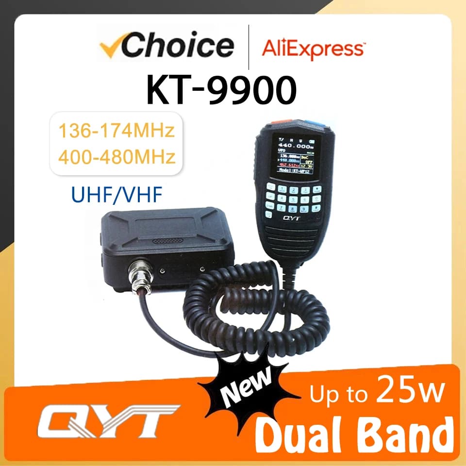 QYT KT-9900 Mini Car Mobile Radio Station KT-WP12 25W Long Range Communication Radios Dual Band VHF UHF High Power 200 Channels