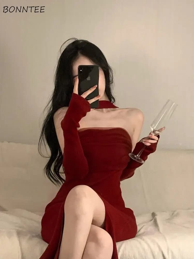 Sleeveless Dresses Women Autumn Sexy Girl Korean Style Solid Spicy Skinny Trendy Vintage Side-Slit Causal All-match Temperament