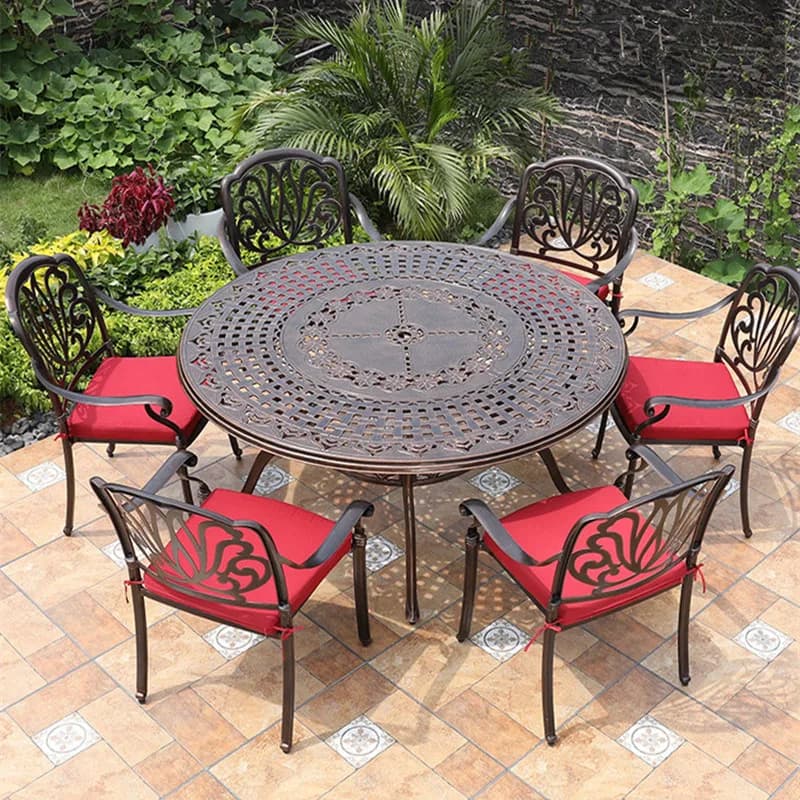 Outdoor big size with 6 chairs cast aluminum patio dining set dining tables in round dia 150cm for poolside backyards