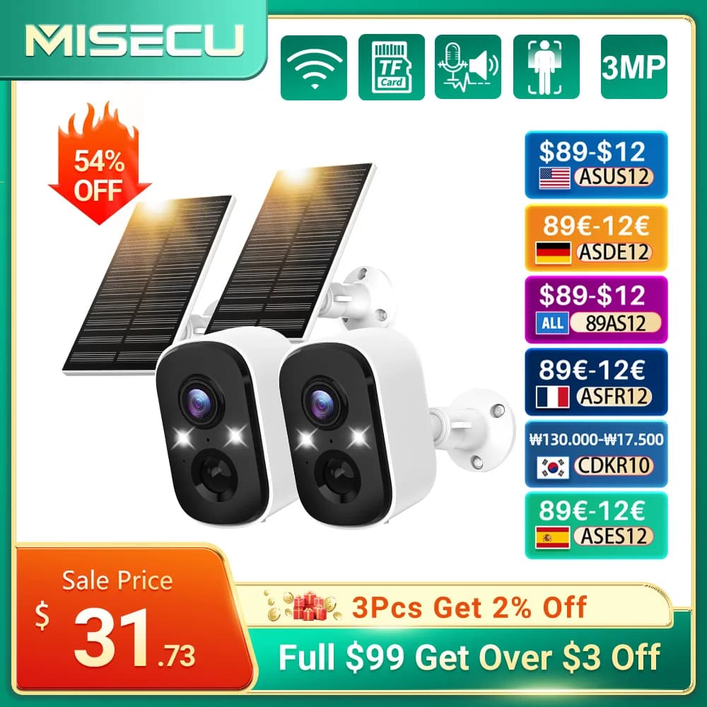 MISECU Tuya 3MP WIFI Security Battery Camera with Solar Panel Wireless Outdoor Human Detect Surveillance IP Camera Two-way Audio