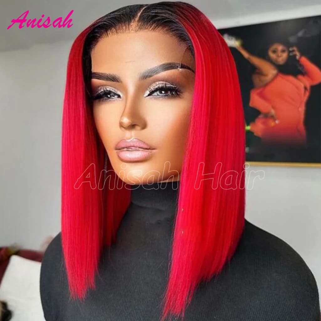 Ombre Red Short Bob Lace Front Human Hair Wigs For Women Pre Plucked Glueless Full HD Transparent Lace Frontal Wigs