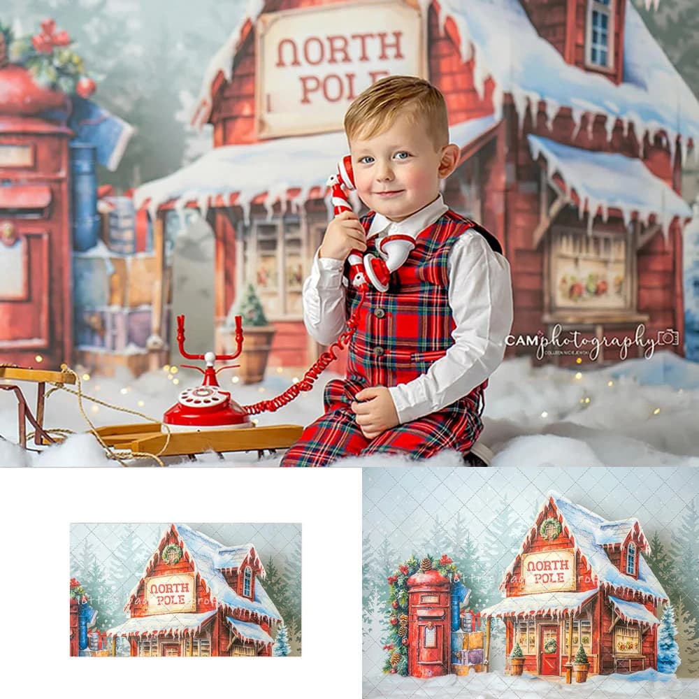 Winter North Pole Post House Backdrops Kids Baby Photography Child Adult Photocall Decors Snowflake Snowy Floor Backgrounds