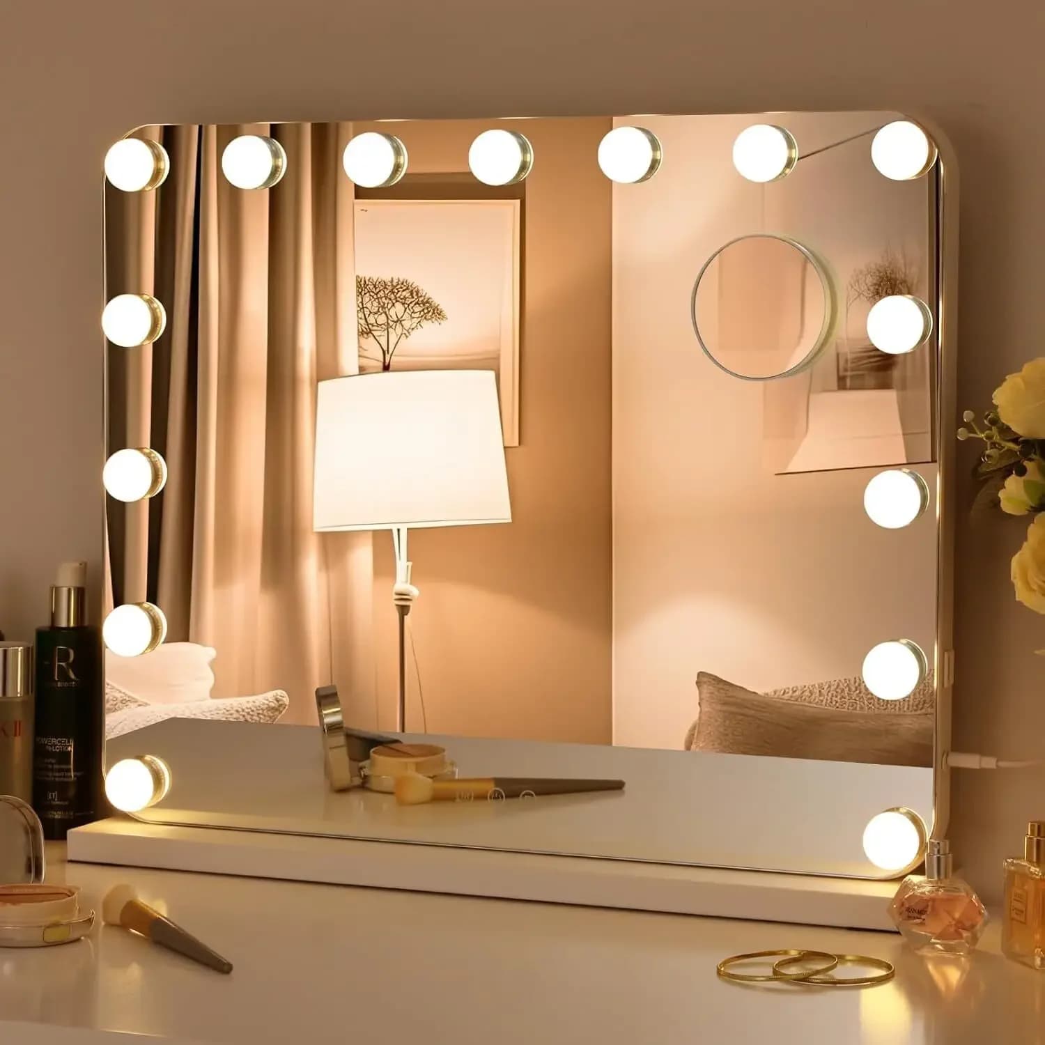 Hollywood Vanity Mirror with Lights 15 Dimmable LED Bulbs 3 Color Lighting Adjustable Brightness USB Charging Port (58*46cm)