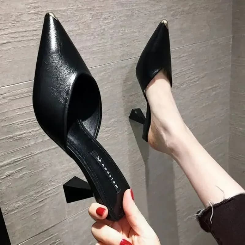 Summer 2024 Black Slides Mules Women's Slippers and Ladies Sandals 5cm High Heel Shoes Pu Leather Pointed Toe Casual Slippers