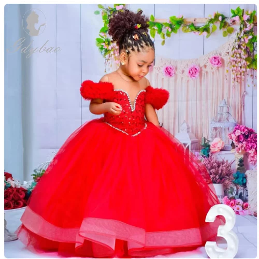 Puffy Fower Girl Dress For Wedding Sequins Beading Lace Appliques Baby Kids Birthday Party Princess First Communion Gowns