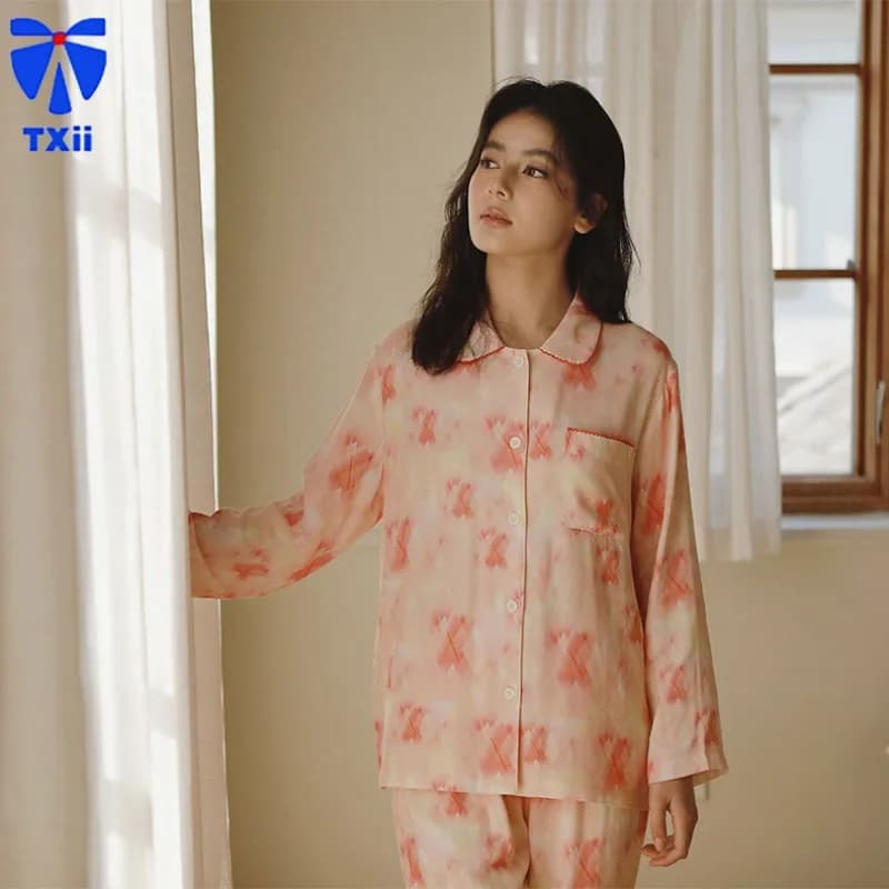 TXii bamboo cotton gauze Lapel Long Sleeve Home Clothes Spotted Print Soft and Comfortable Pajamas suit