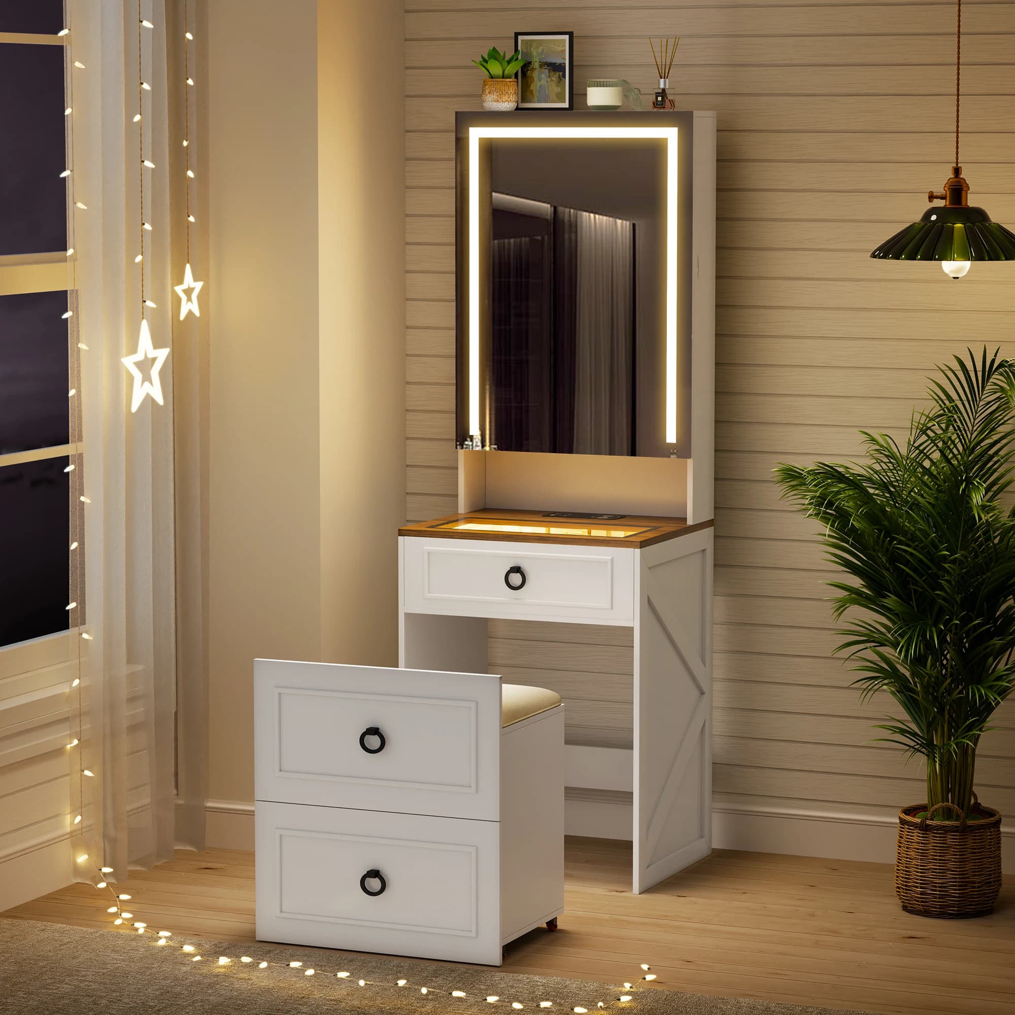 JDPAG Vanity Desk with Mirror and Lights, Small Compact Makeup Vanity Set with Hidden Storage Stool