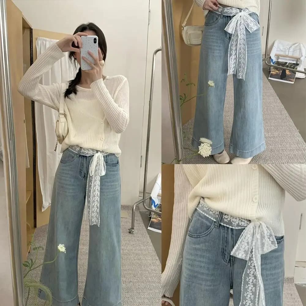 Unique Y2k Long Lace Waistband Floral Bow Lace Waist Belt Tie Up Thin Dress Jeans Belt Summer