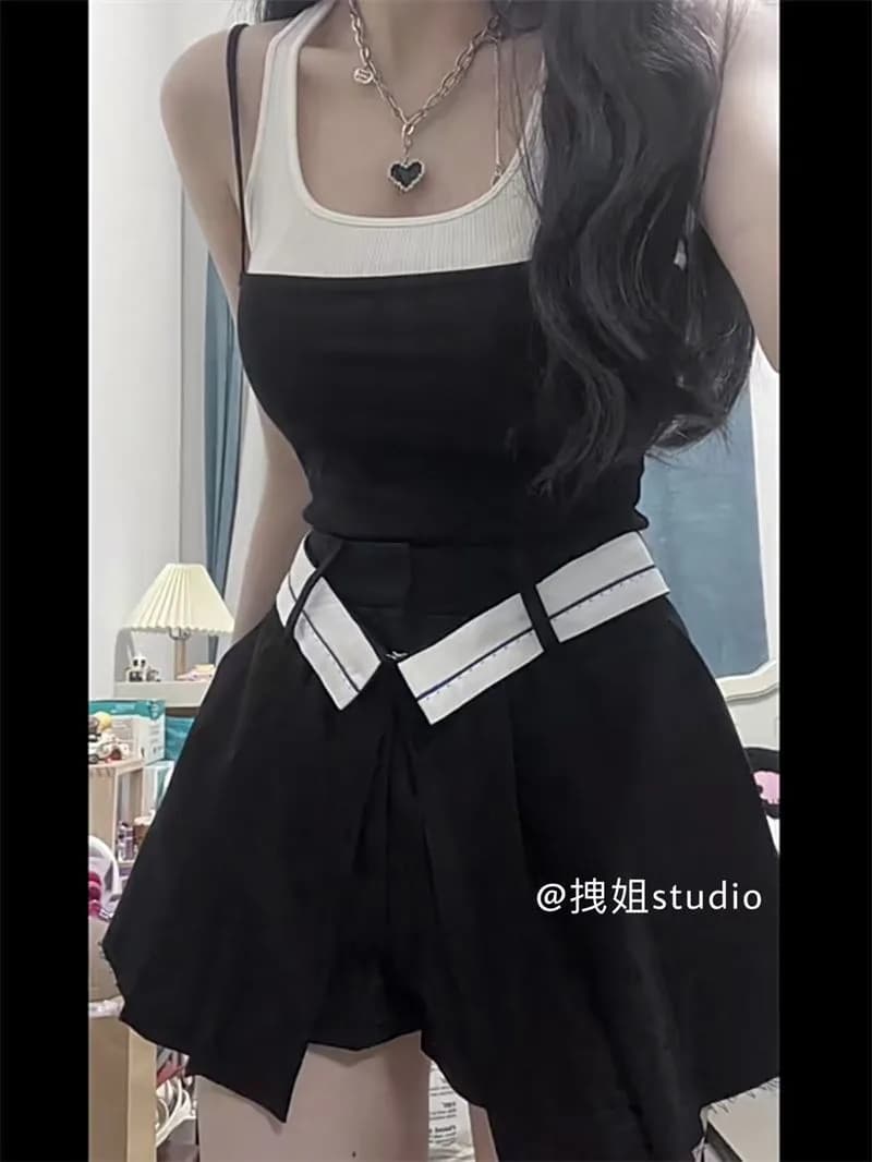 Spicy Girl Fake Two-piece Suspenders Vest Wide Leg Shorts Two-piece Set Women Korean Fashion Contrast Elastic Slim Summer Suit