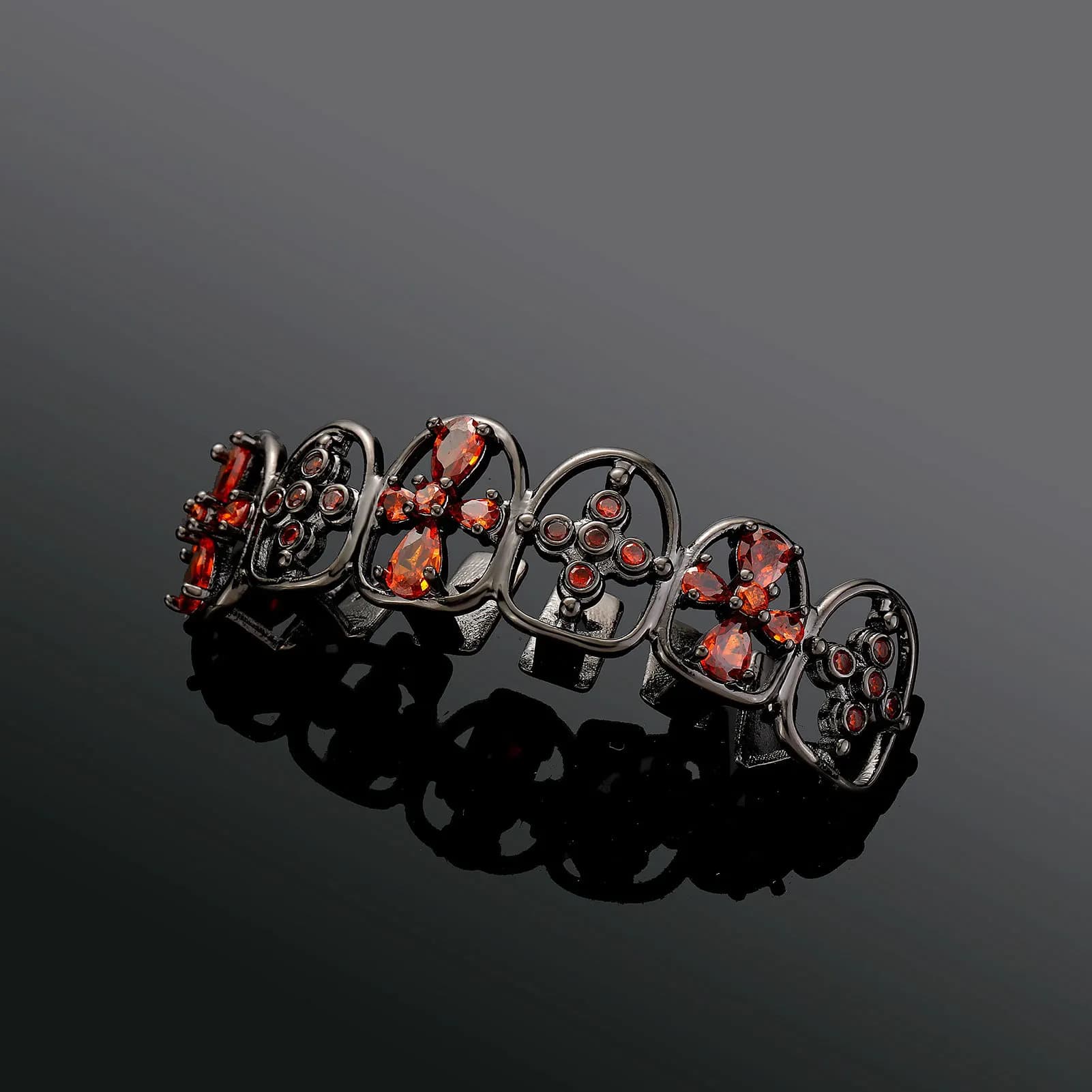 RACHELZ Y2K Gothic Cross Red Zircon Hollow Teeth Grillz Black Color Flower Shape Crystal Tooth Caps For Women Men Halloween Gift