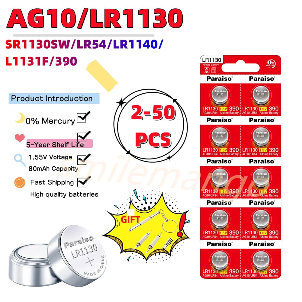 New High-Capacity AG10 LR54 Cell Coin 1.55V SR54 389 189 LR1130 SR1130  SR1130SW Alkaline Button Batteries for Watch Toys Remote