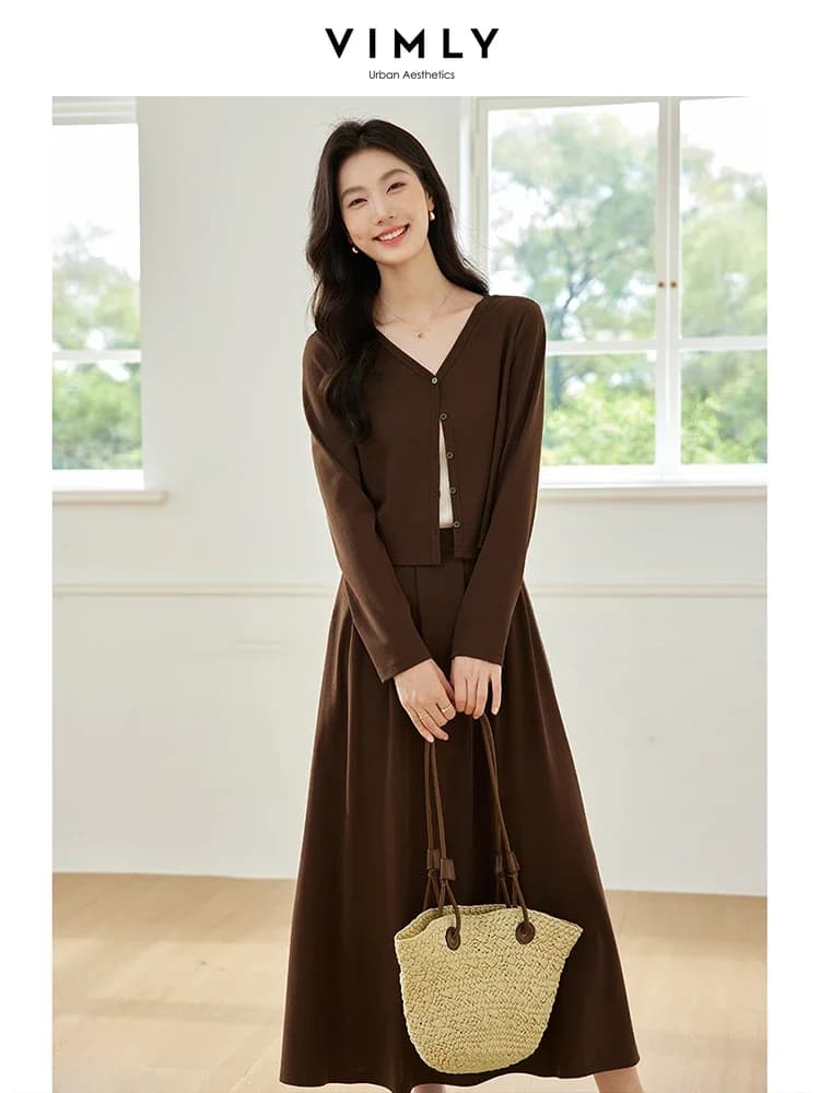 VIMLY Women's 2 Piece Outfits Commuter Skirt Set Fashion V-Neck Cardigan Shirt Jacket Simple Socialite A-line Skirt M8561