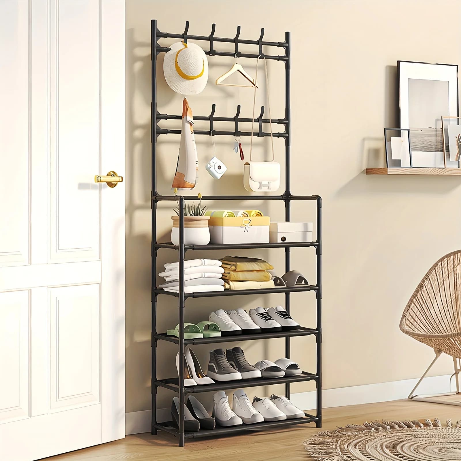 Sturdy Hanger and Shoe Storage Box Freestanding with 8 Hooks and Shelves Perfect for Organizing Coats and Shoes in Home Entrance
