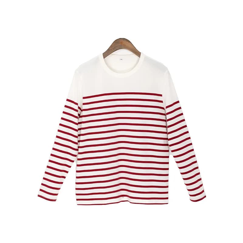 2024 Early Autumn Striped Pure Cotton Women's Spliced Round Neck Sweater with Layered Universal Base Striped Pullover