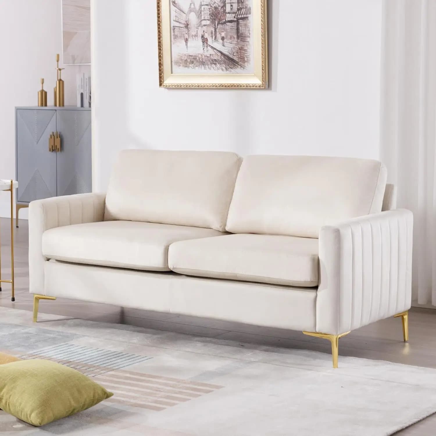 Velvet double sofa, ， 65 "W soft pack channel plush comfortable 2-person sofa with metal legs (beige)