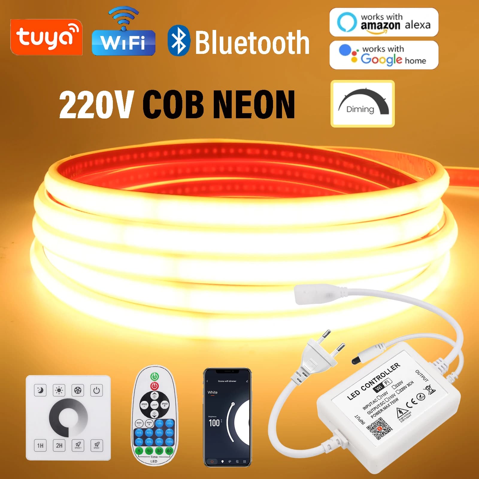 Tuya WIFI Bluetooth COB LED Strip Light 220V Dimmable 240LEDs/M Waterproof Outdoor Warm White Neon Light for Kitchen Room Garden