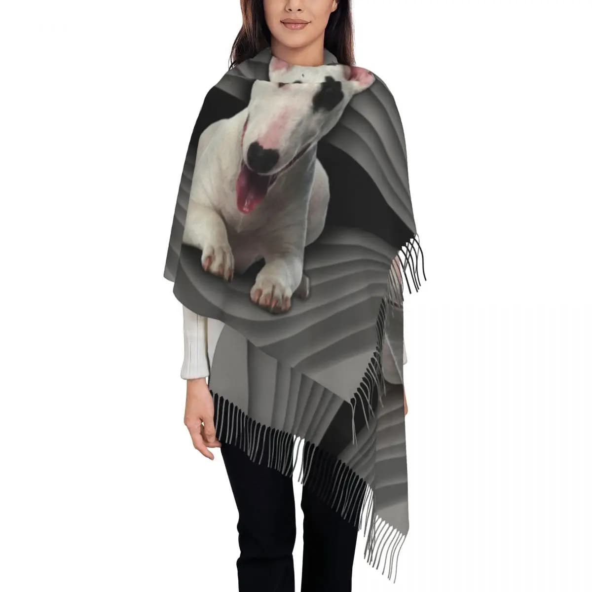Lady Long Fashion Bull Terrier Scarves Women Winter Thick Warm Tassel Shawl Wrap Dog Animal Scarf