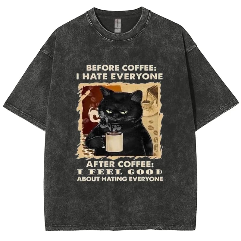 Black Lucky Cat Drinking Coffee Print Unisex T-Shirt Loose Plus Size Oversized Short Sleeve American Vintage Harajuku High Stree