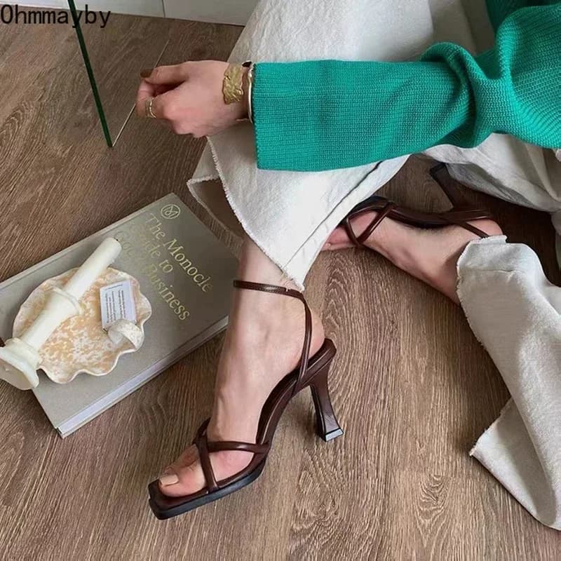 2025 Summer Narrow Band Heel Sandals Women Thick Heel 7 CM Ankle Strap Fashion Square Toe Ladies Dress Sandalias Women's shoes