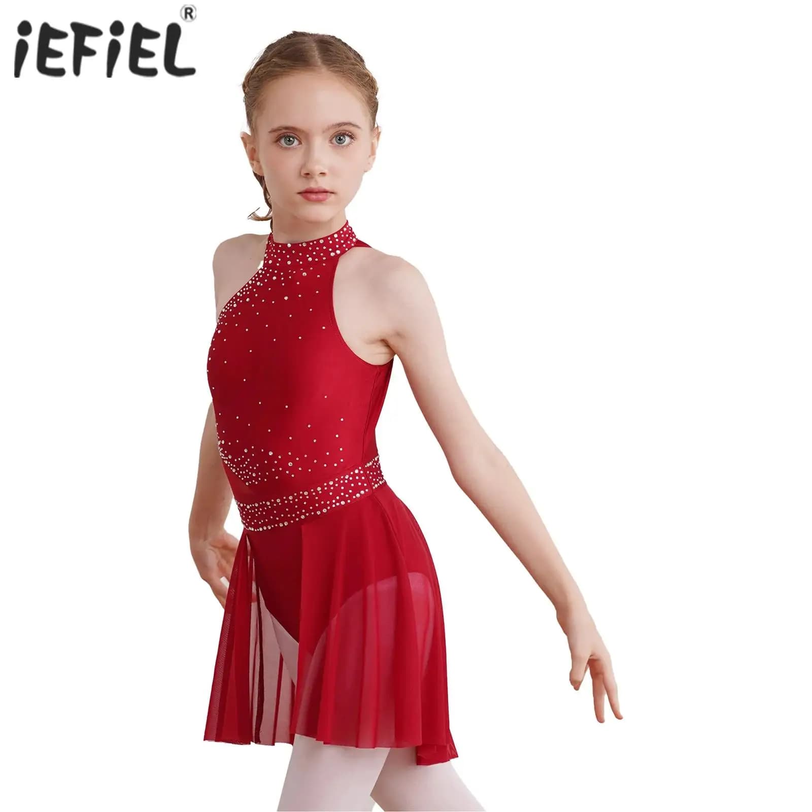 Kids Girls Sparkly Rhinestone Ballet Lyrical Dress Gymnatics Figure Skating Costume Irregular Hem Ballerina Tutu Dress Dancewear