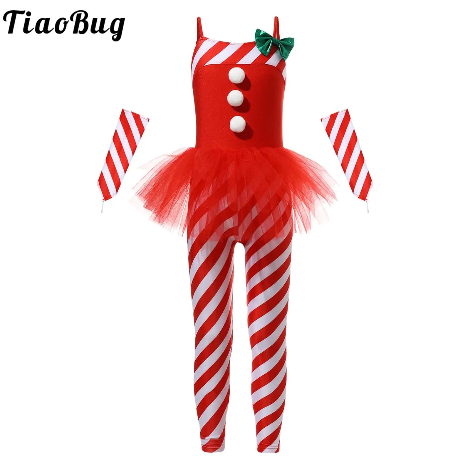 Kids Girls Candy Cane Costume Santa Claus Cosplay Christmas Dancewear Sleeveless Stripes Tulle Jumpsuit Ballet Leotard Bodysuit