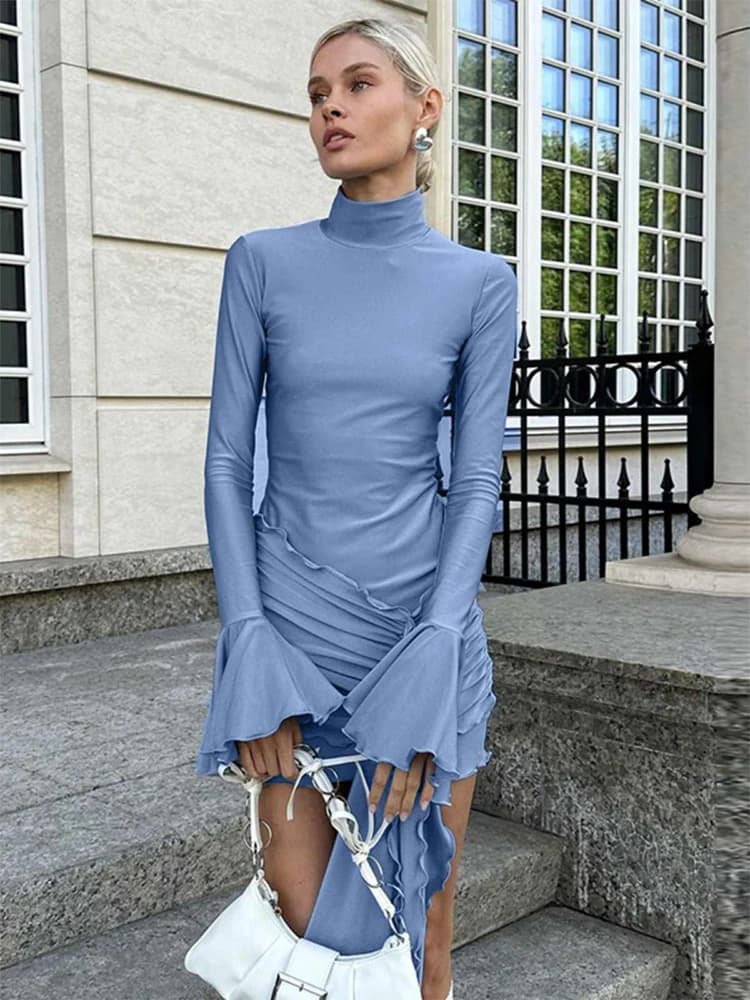 Women Blue Bodycon Dress Vintage Long Sleeve Turtleneck Mini Dresses Y2k Elegant Party Club One Piece Frocks 2000s Clothes 2024