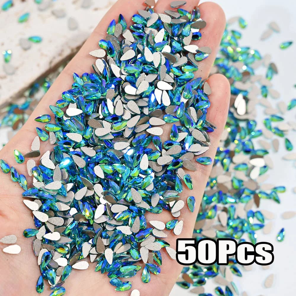 50Pcs Mini AB Blue Crystal Nail Art Rhinestone 3/4mm Mini Water-Drop/Square/Oval Blue Diamond DIY 3D Blue Manicure Glass Stone*