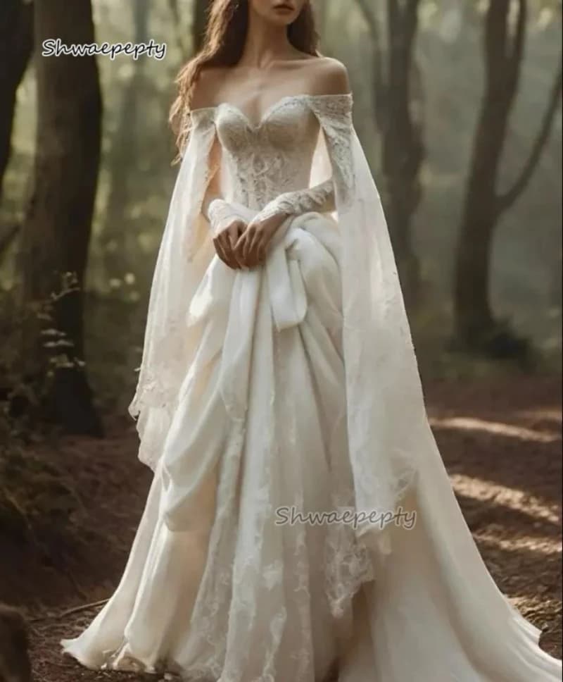 Medieval Renaissance Period Wedding Dress With Off Shoulder Cape Long Sleeves Lace Ivory A-Line Vintage Bridal Gown Customized