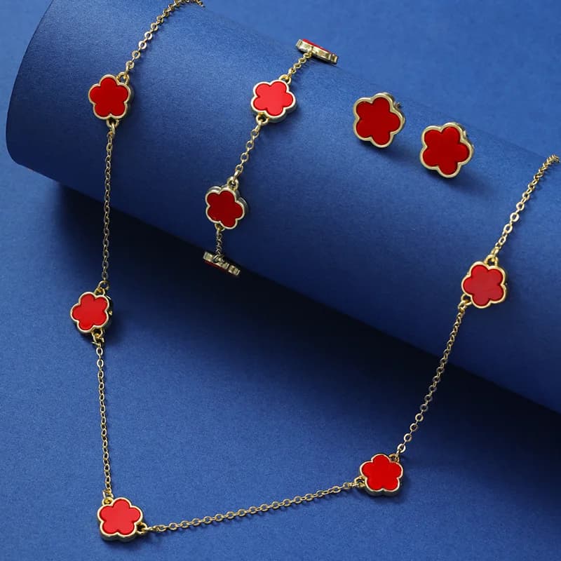 New Luxury Flower Pendant Necklace Bracelet Earrings Gold Plated Stainless Steel Clover Jewelry Set for Women Christmas Gift