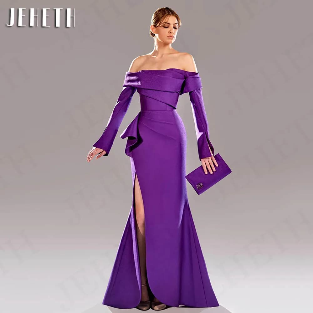 JEHETH Sexy Satin Evening Dresses Woman Purple Elegant Mermaid Long Sleeve Split Party Dress Customized Off Shoulder فساتين سهرة