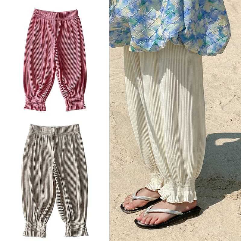 Summer Korea Children Pants Casual Girls Ice Silk Pants Solid Color Loose Pleated Pant Trousers Girls Hight Waist Harem Pants