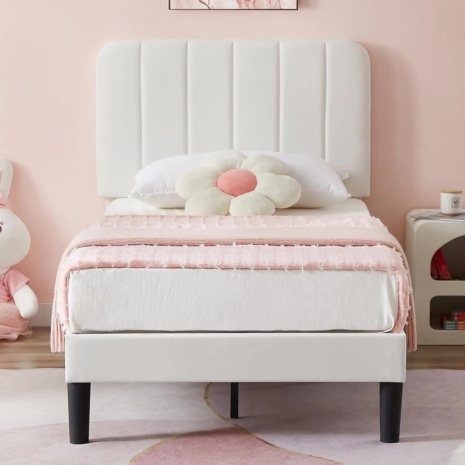 Twin Size Upholstered Bed Frame with Adjustable Headboard, Velvet Platform Bedframe Mattress Foundation, Strong Wood Slat Suppor