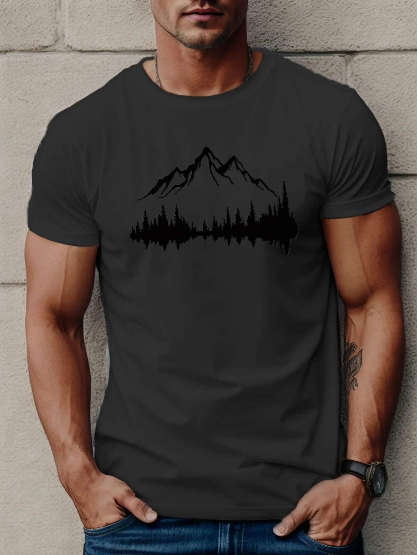Summer Men's 100% Cotton Casual Loose Large Size Mountains And Trees Printed Sports Comfortable Round Neck Short Sleeve T-shirt